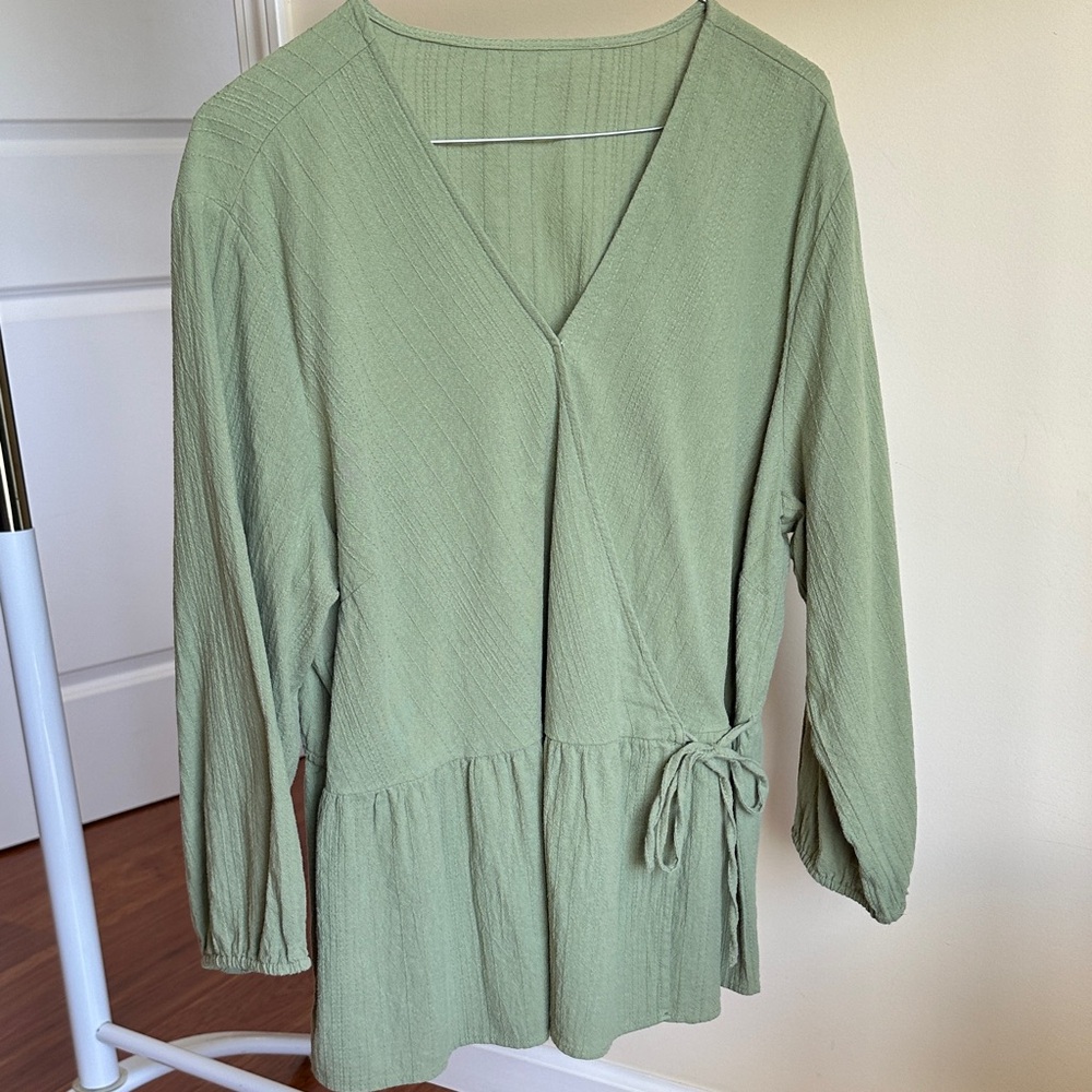 Elegant Sage V-Neck Blouse with Waist Tie